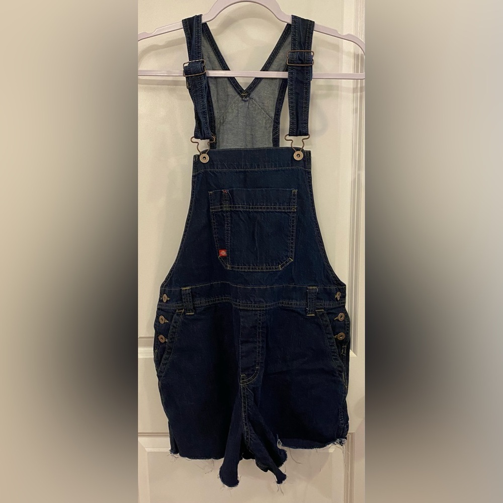 Dickies Cargo Bib Shortalls Sz M Dark Blue Denim Adjustable Straps Raw Hem